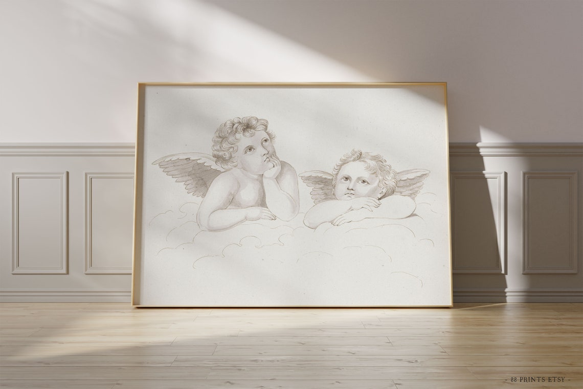 Two Cherub Angels Clouds Sepia Sketch Renaissance Style Art Print - Image 3