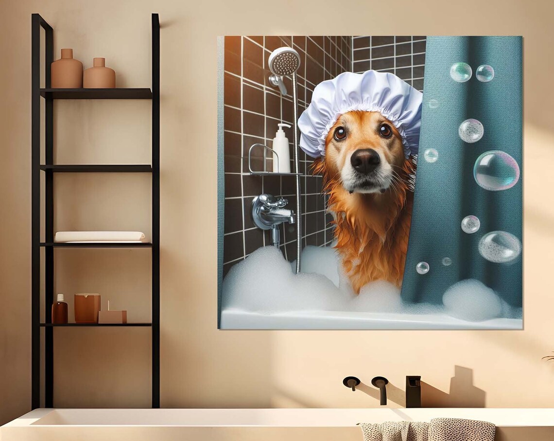 Golden Retriever Puppy in Shower Cap Bubble Bath Funny Animal Poster