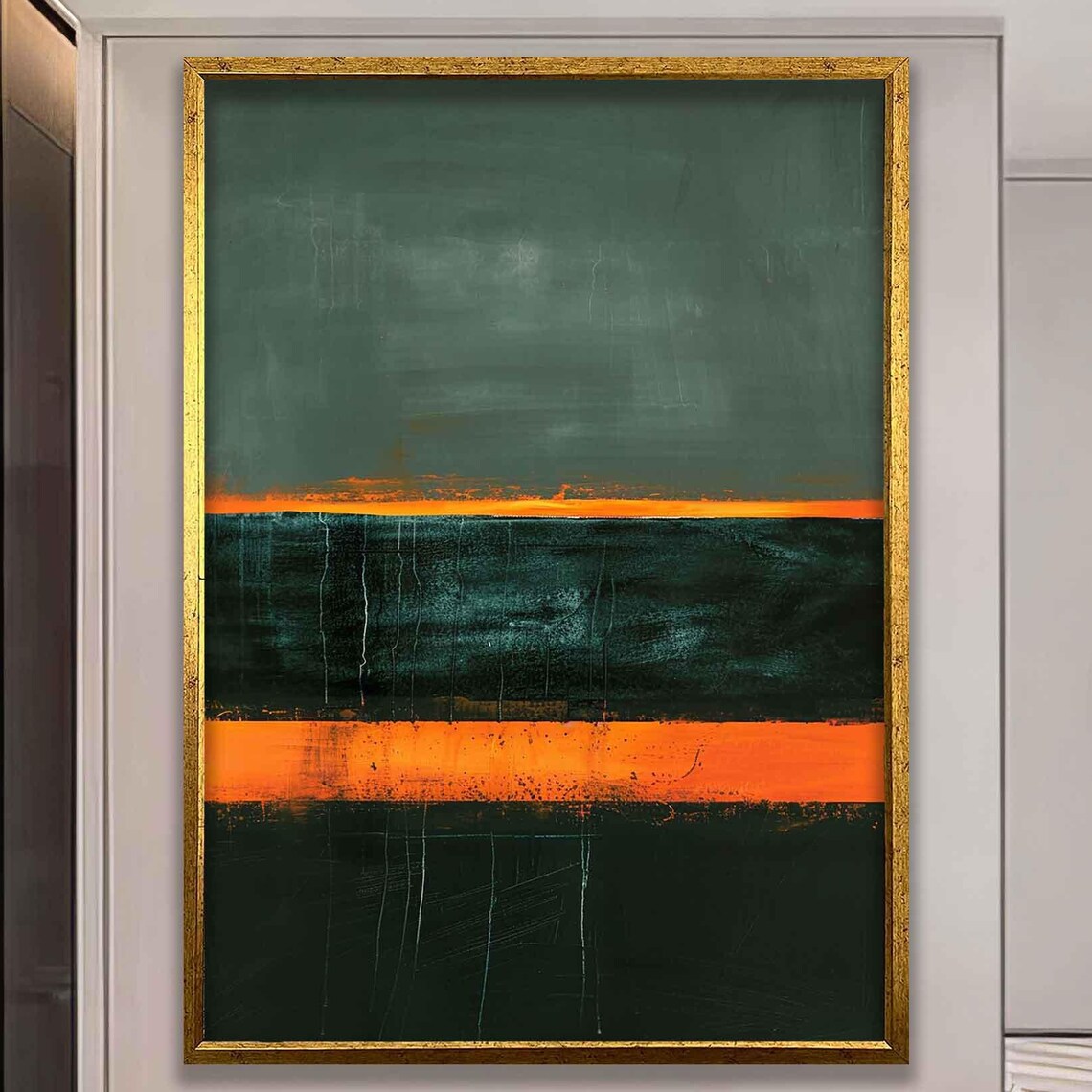 Dark Green and Burnt Orange Horizon Abstract Color Field Poster