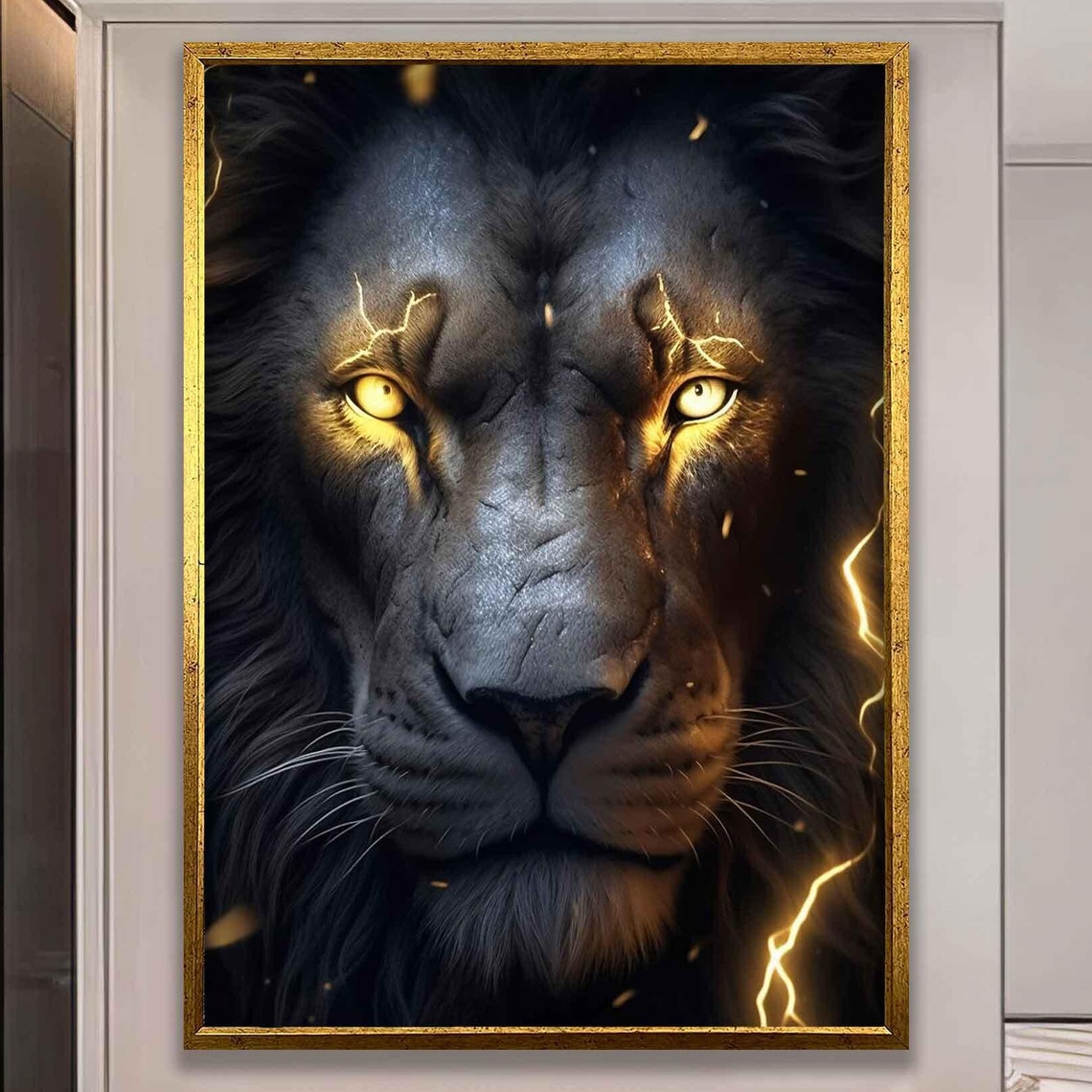 Black Lion with Golden Lightning Eyes Powerful Animal Poster