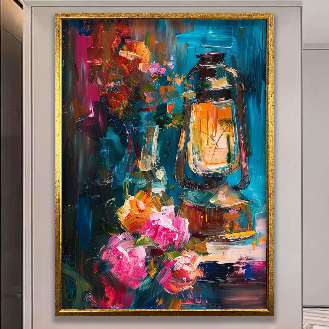 Glowing Vintage Oil Lantern With Pink Flowers Impasto Art Poster