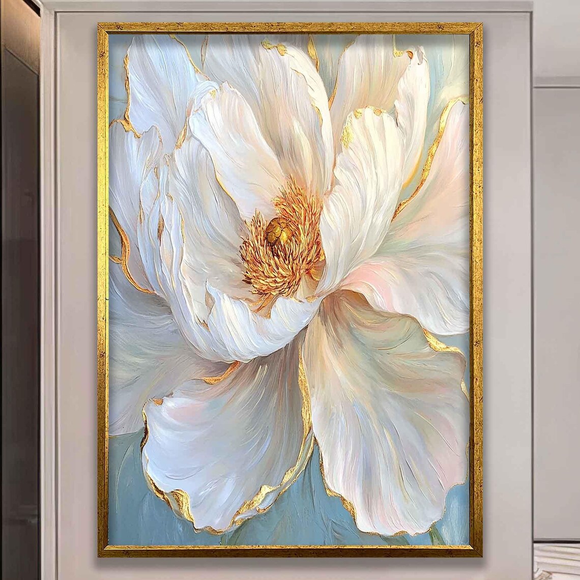 White Peony Blossom with Gold Edges Elegant Floral Art Poster