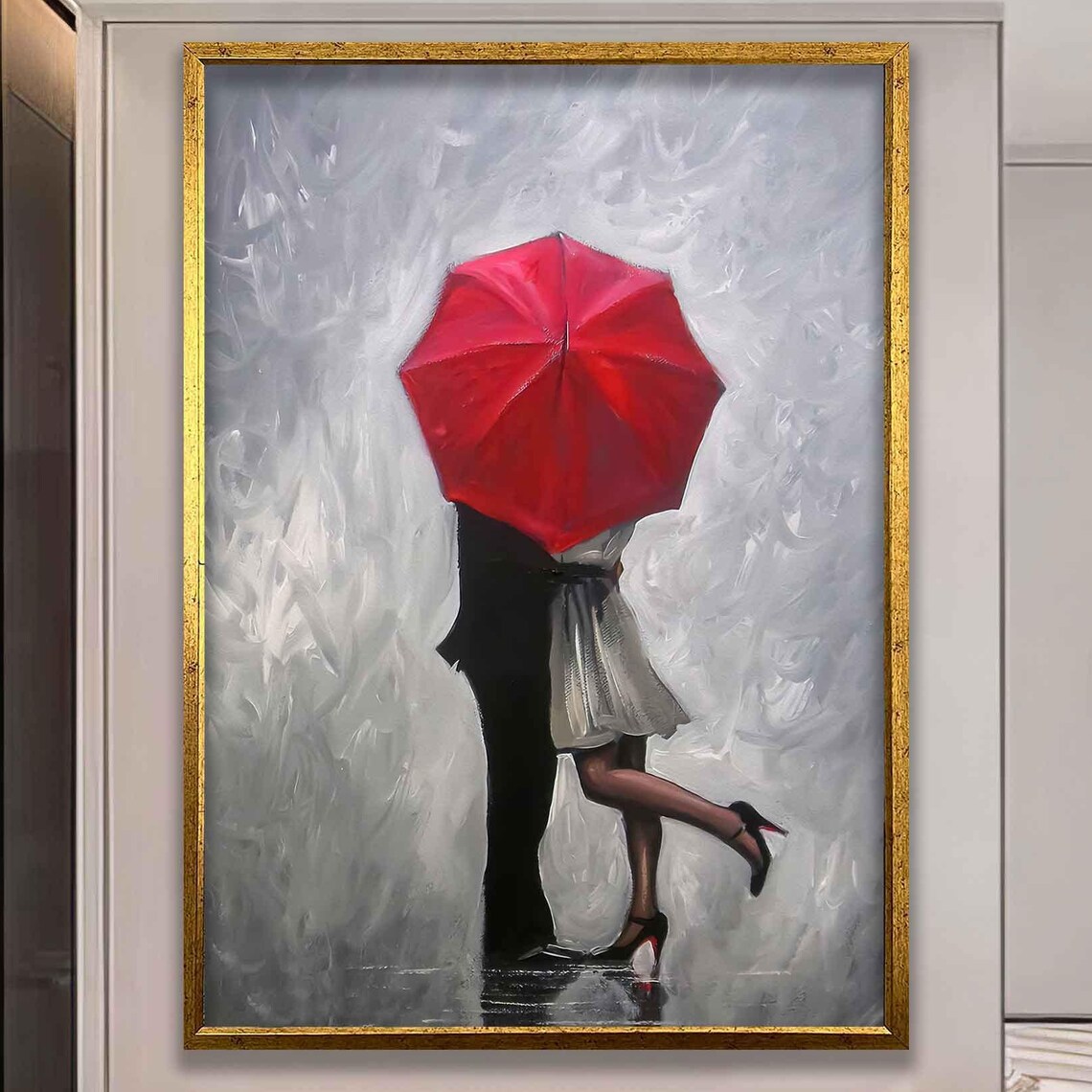 Red Umbrella Couple in the Rain Romantic Love Painting Poster