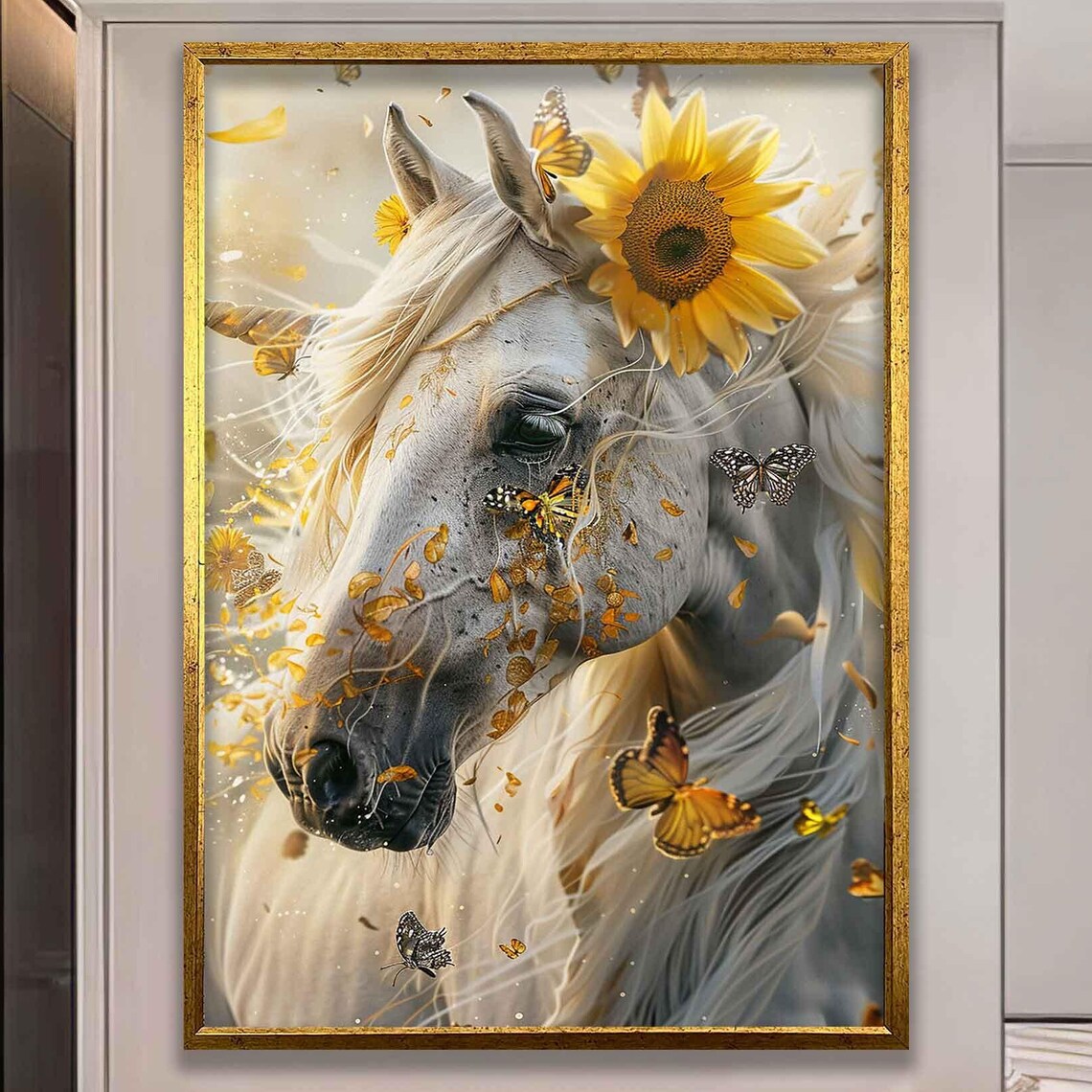 Majestic White Horse Sunflowers Butterflies Elegant Equine Wall Art