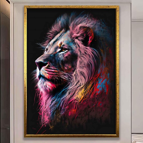 Colorful Neon Lion Profile Pink Blue Black Canvas Art Wall Poster