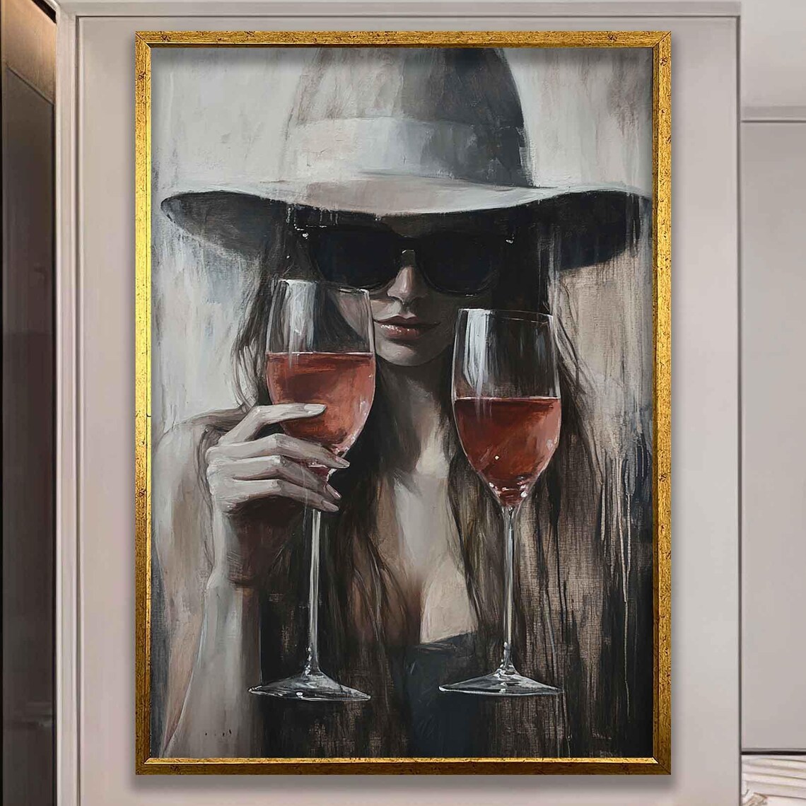 Stylish Woman In Hat And Sunglasses Holding Wine Glasses Poster