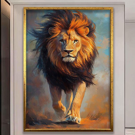 Majestic Lion Walking Colorful Windblown Mane Oil Painting Poster