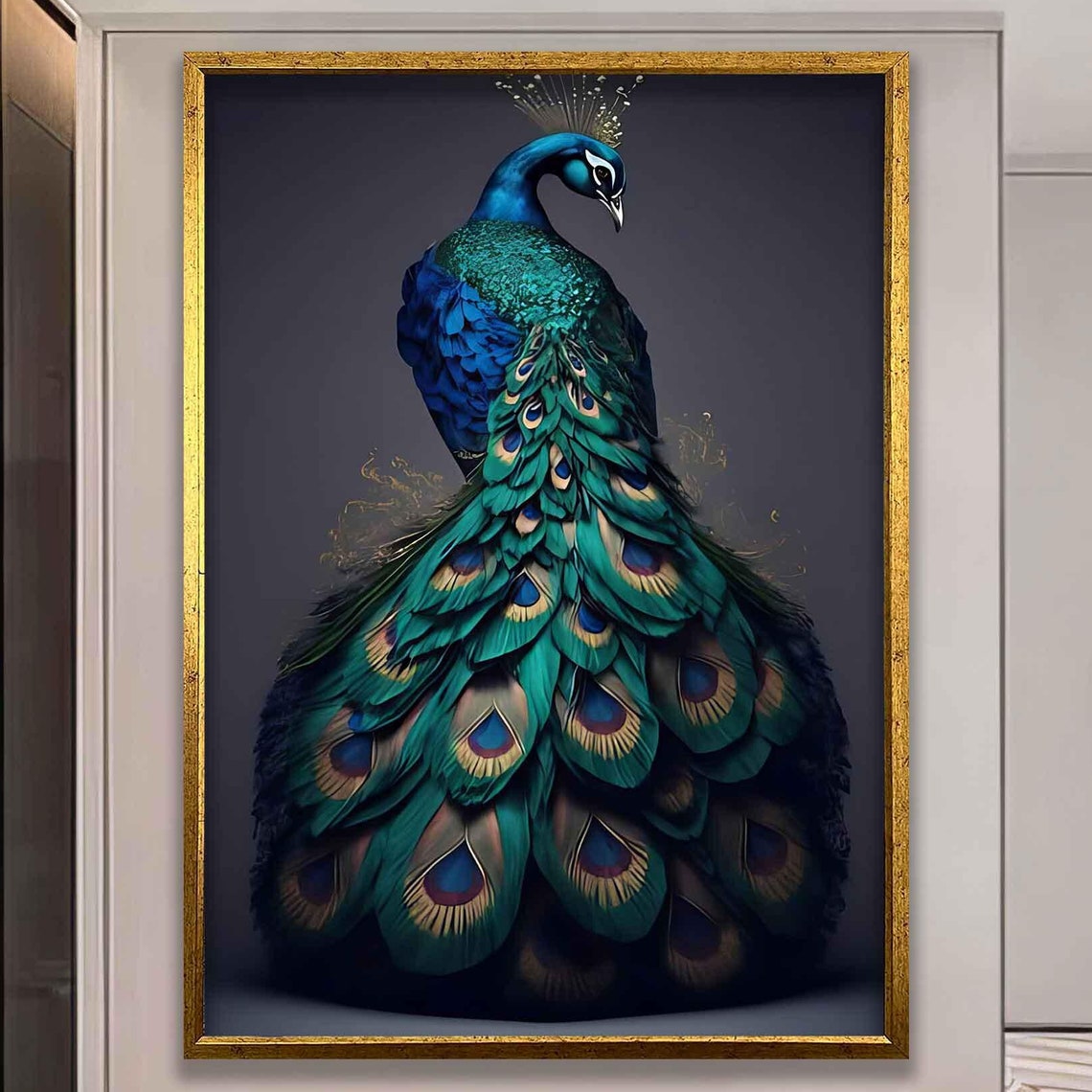 Majestic Blue Peacock with Fanned Iridescent Tail Feather Poster