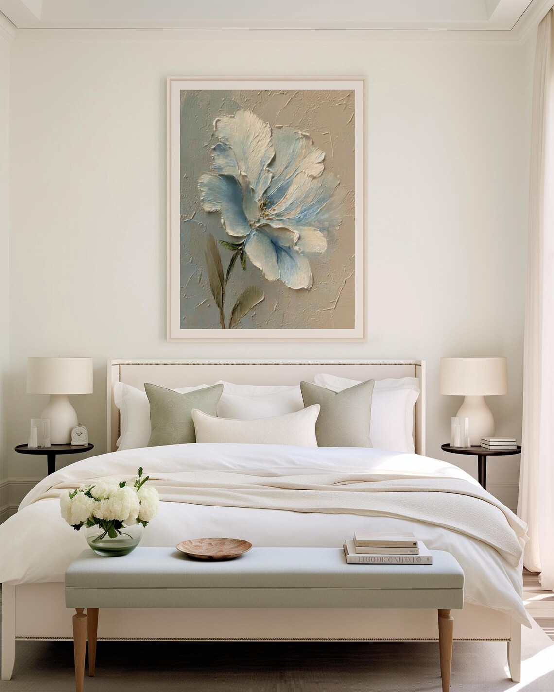 Pale Blue Flower In Thick Impasto Textured Neutral Floral Painting Poster - Image 3