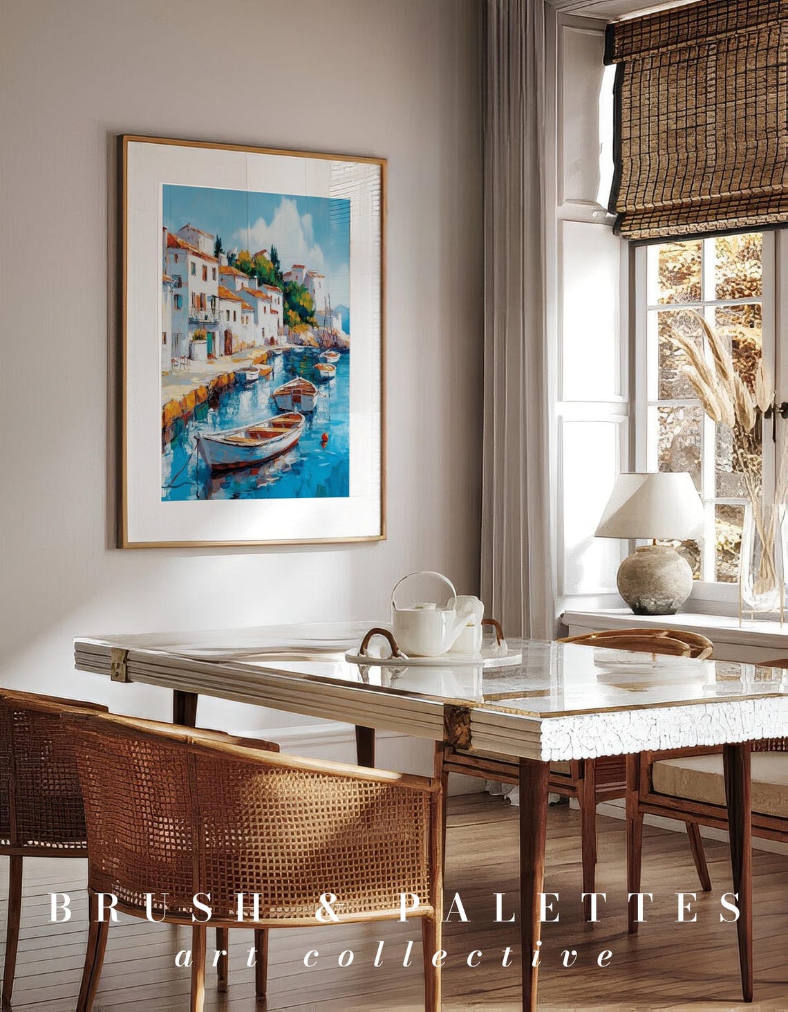Mediterranean Coastal Harbor Town Old Whitewashed Houses Boats Poster - Image 3
