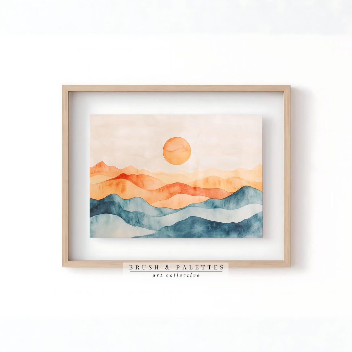 Sun Over Abstract Mountains Watercolor Orange Teal Modern Wall Art - Image 2