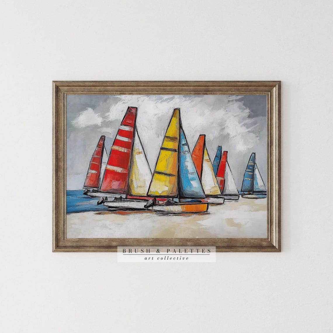 Colorful Catamarans Red Yellow Sails Beach Impressionist Poster - Image 2