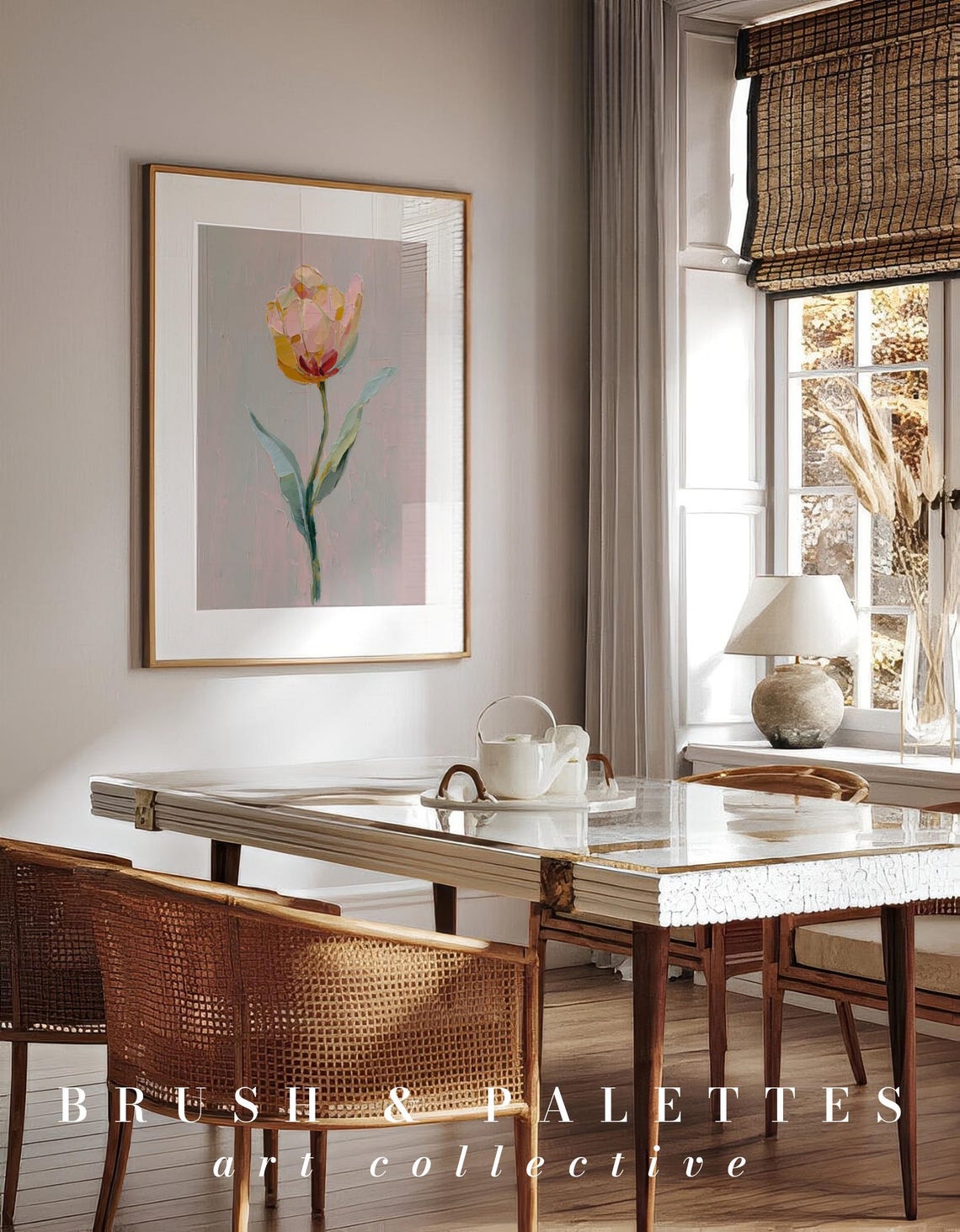 Yellow Pink Tulip Print, Minimalist Floral Decor - Image 2
