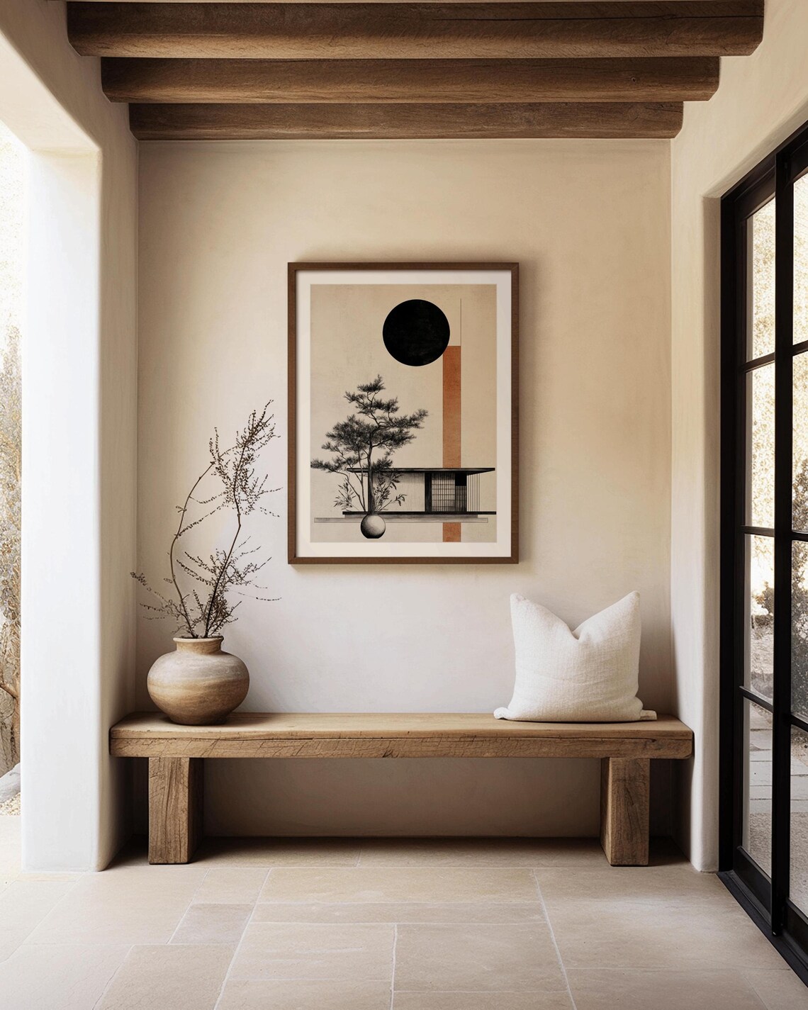 Japanese Architecture Minimalist Zen House Black Sun And Pine Tree Poster - Image 2