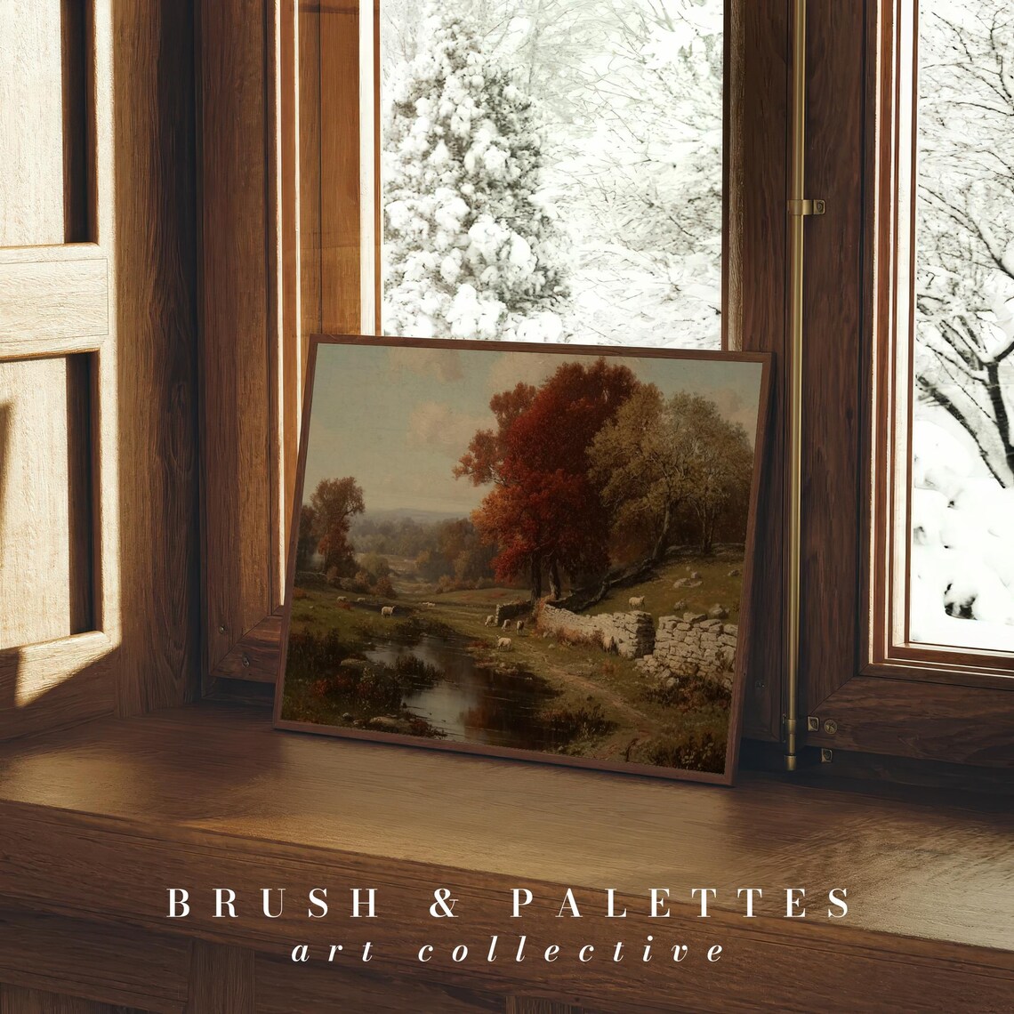 Autumn Pasture Sheep By Stream Stone Wall Pastoral Landscape Art Poster - Image 2