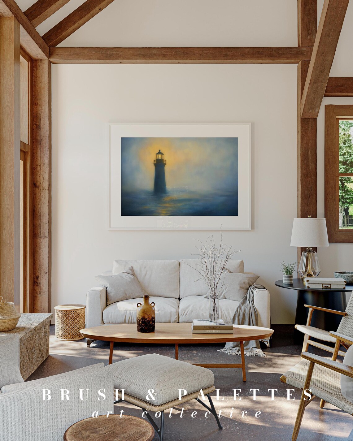 Glowing Lighthouse In Golden Mist Moody Blue Coastal Seascape Poster - Image 3