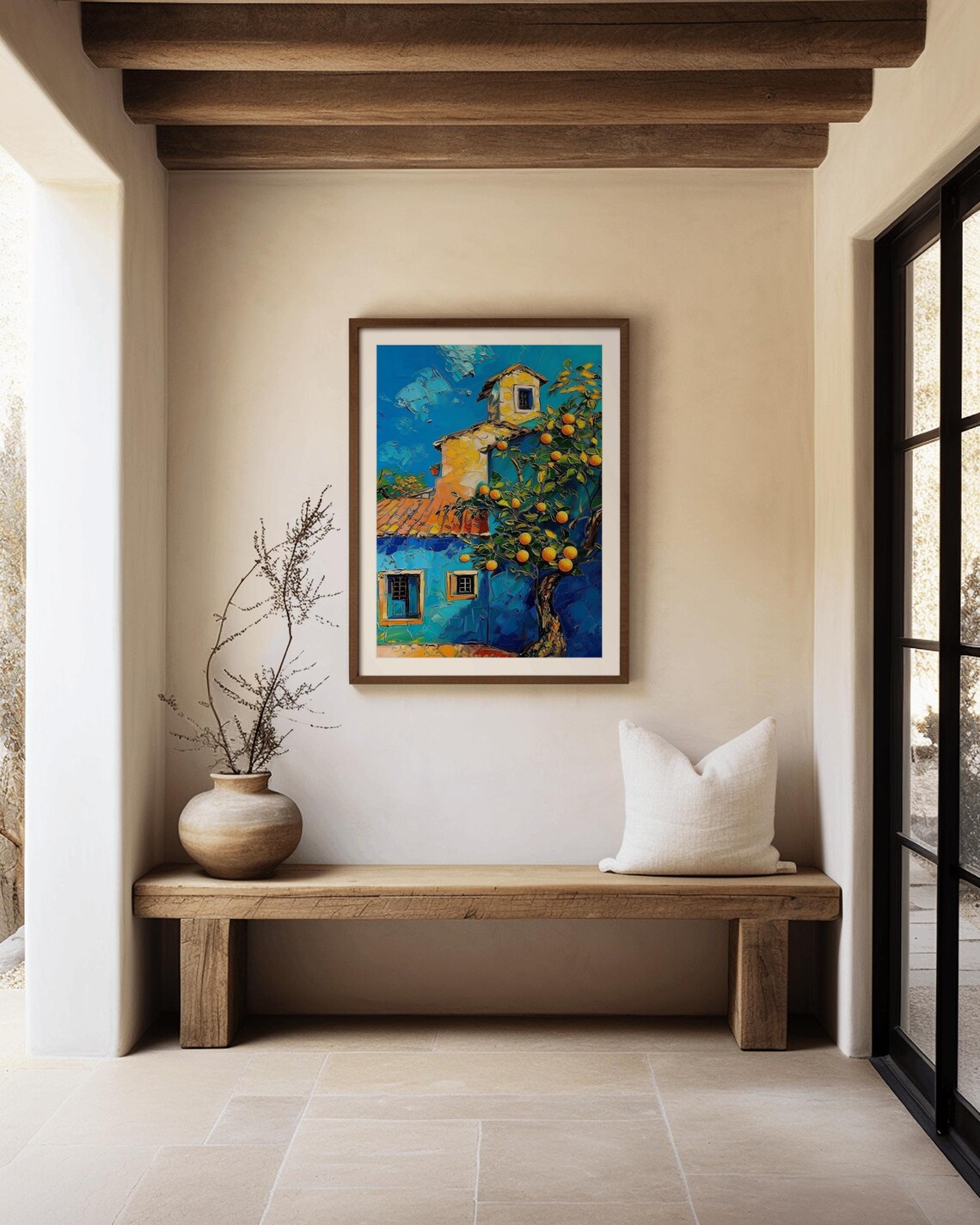 Blue House Orange Tree Impasto Mediterranean Village Painting Poster - Image 2
