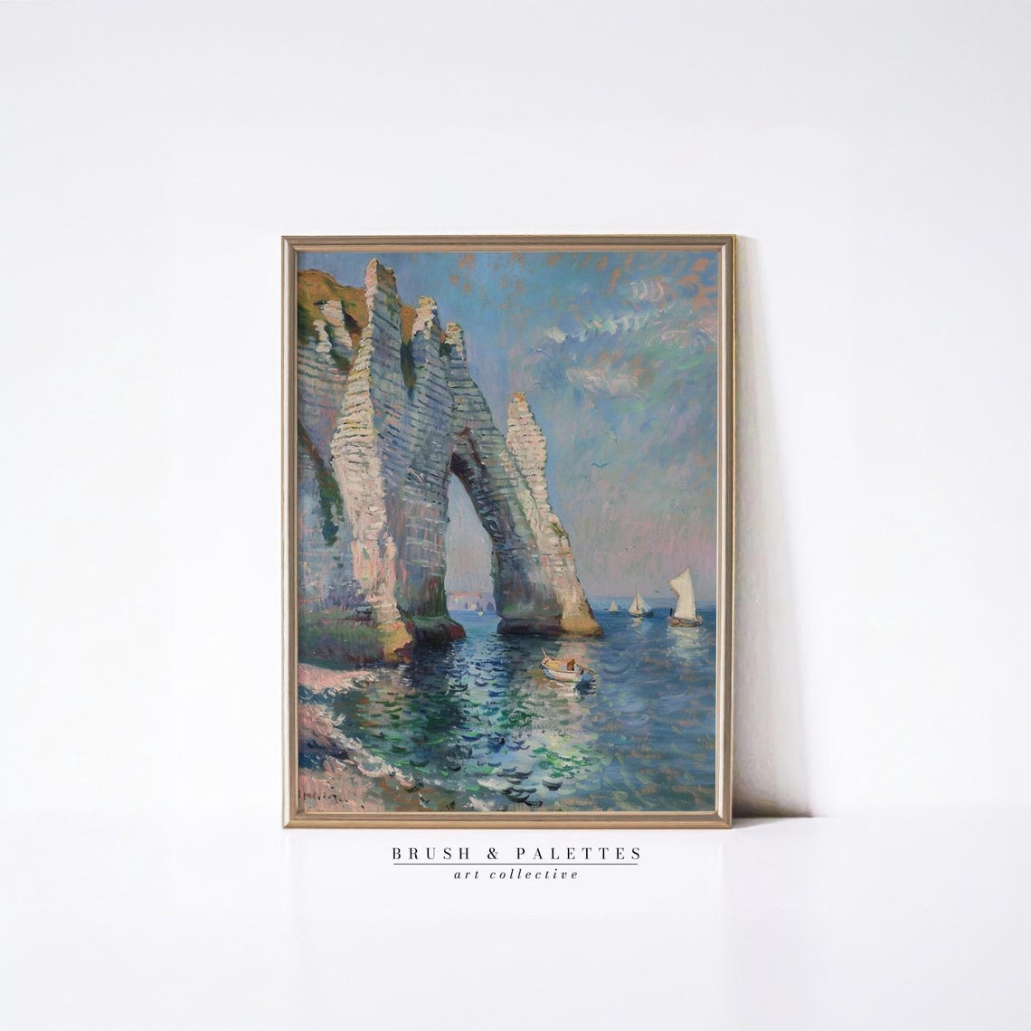 Coastal Rock Arch Chalk Cliffs Sailboats Impressionist Poster