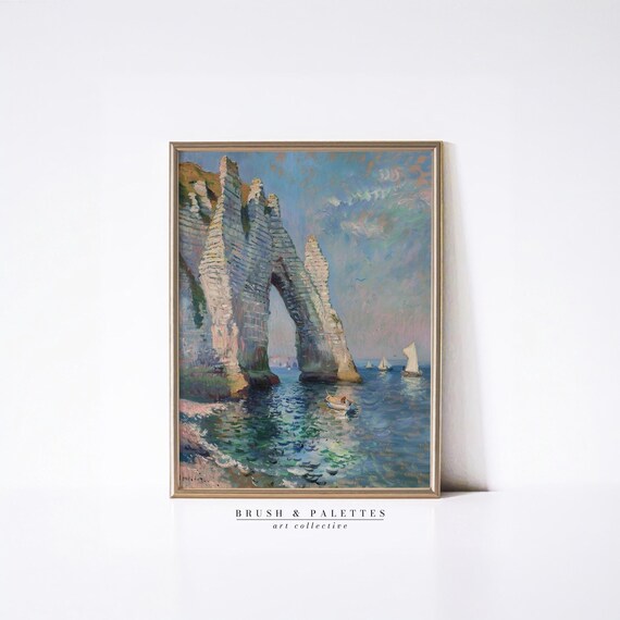 Coastal Rock Arch Chalk Cliffs Sailboats Impressionist Poster