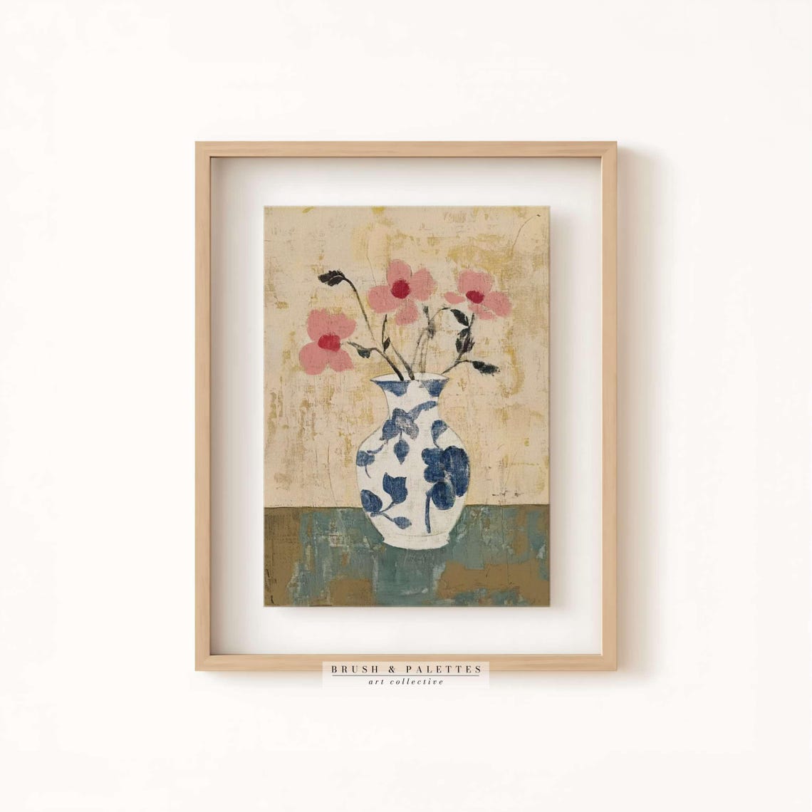 Pink Poppies In Blue Ceramic Vase Naive Style Floral Still Life Poster - Image 2