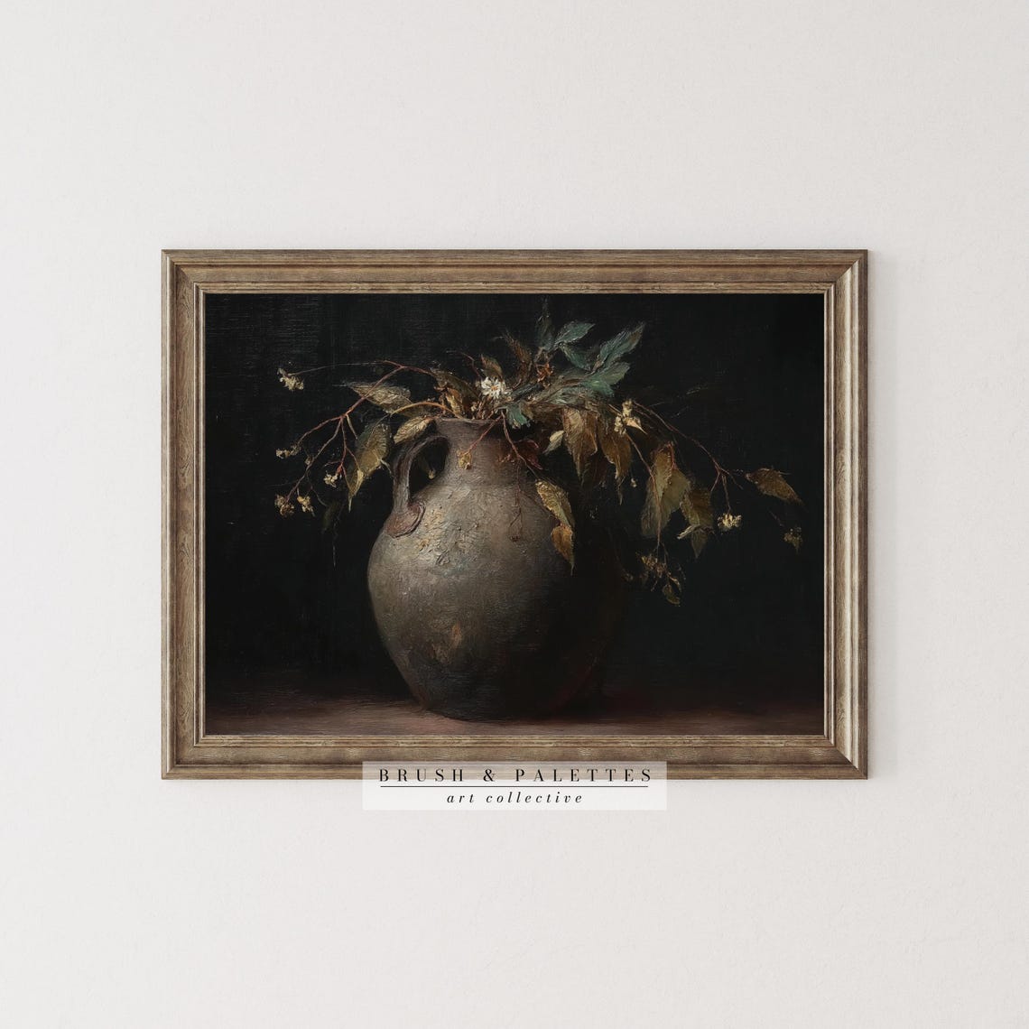 Dark Moody Still Life Painting Rustic Clay Jug Wild Foliage Poster - Image 3