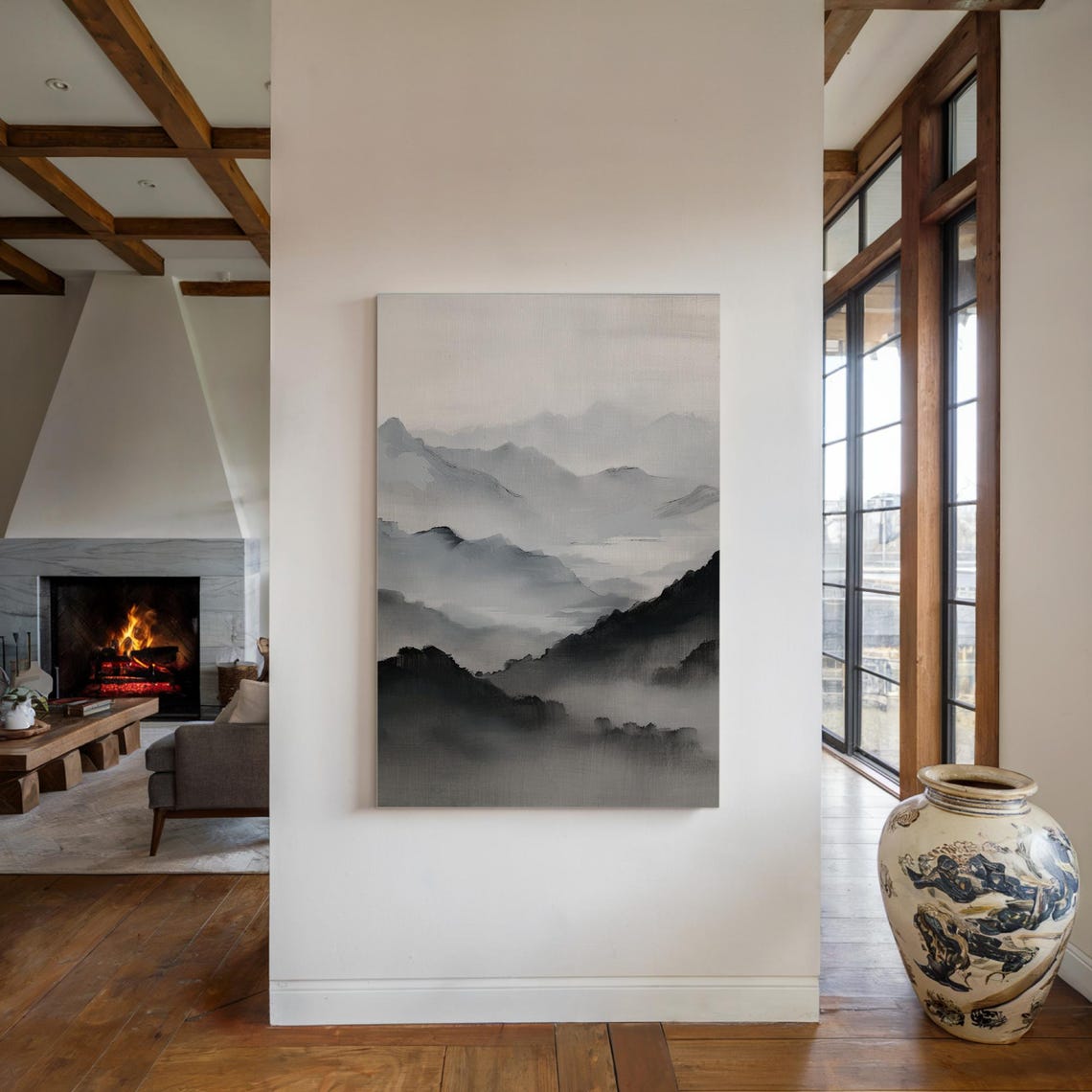 Monochrome Misty Mountain Chinese Ink Brush Landscape Wall Art - Image 3