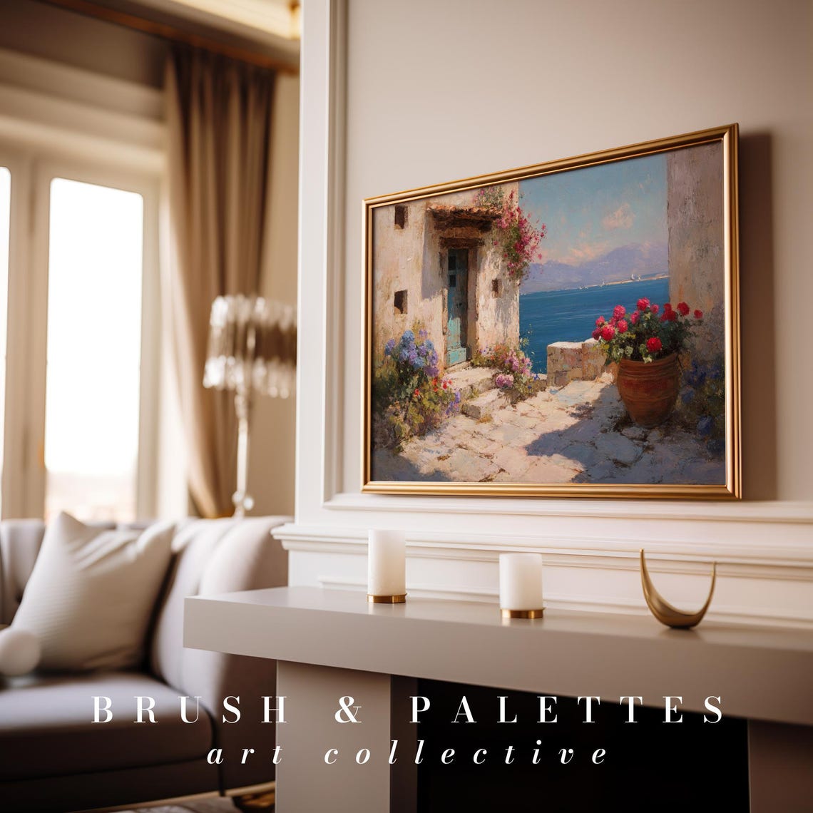 Greek Coastal Courtyard Painting, Mediterranean Travel Poster - Image 3