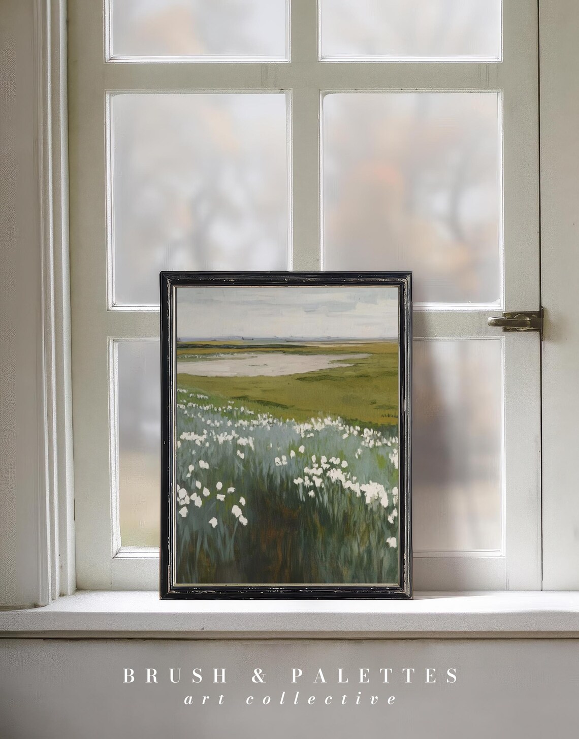 White Wildflowers Meadow Green Countryside Landscape Painting Poster - Image 3