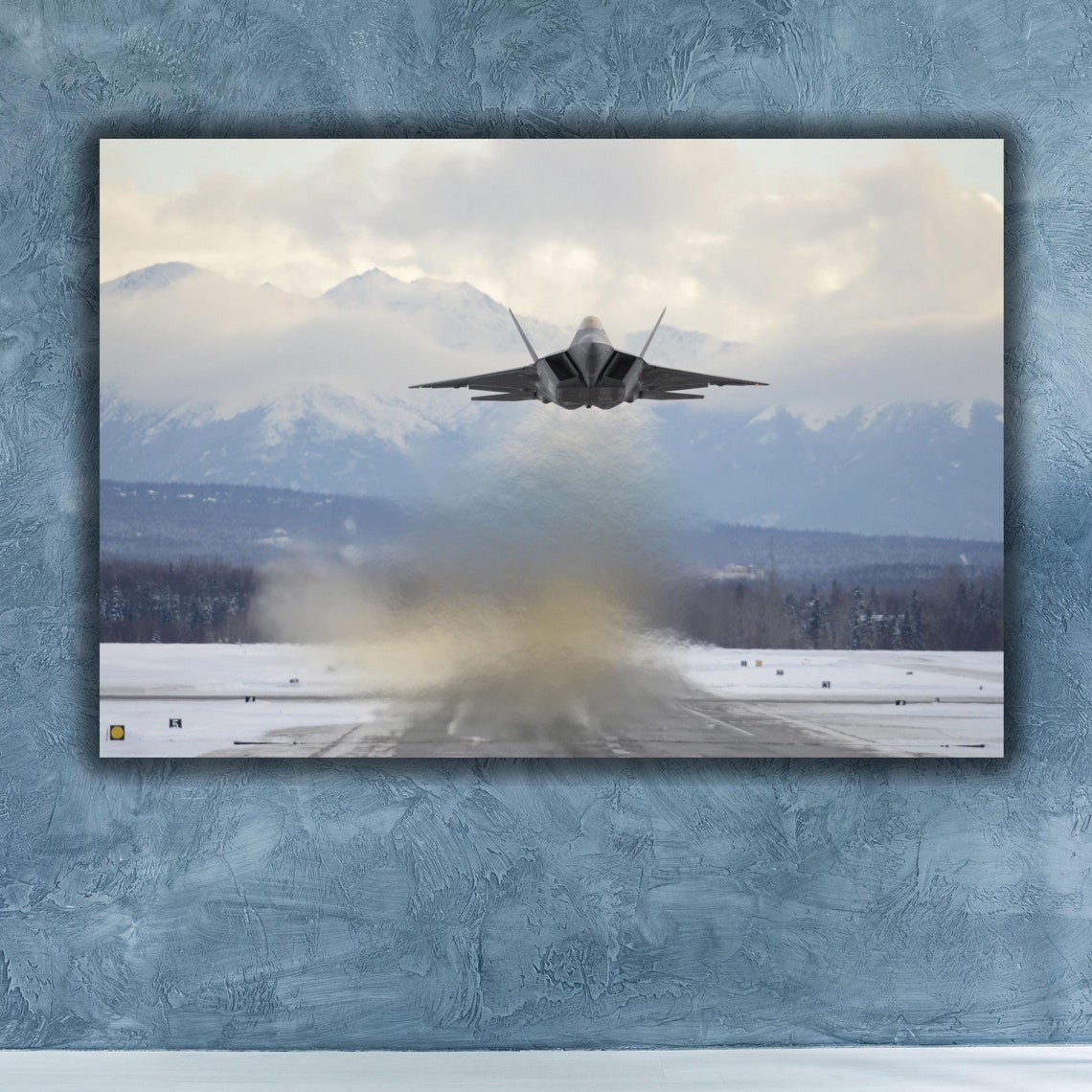 F-22 Raptor Stealth Fighter Snowy Runway Takeoff Aviation Poster
