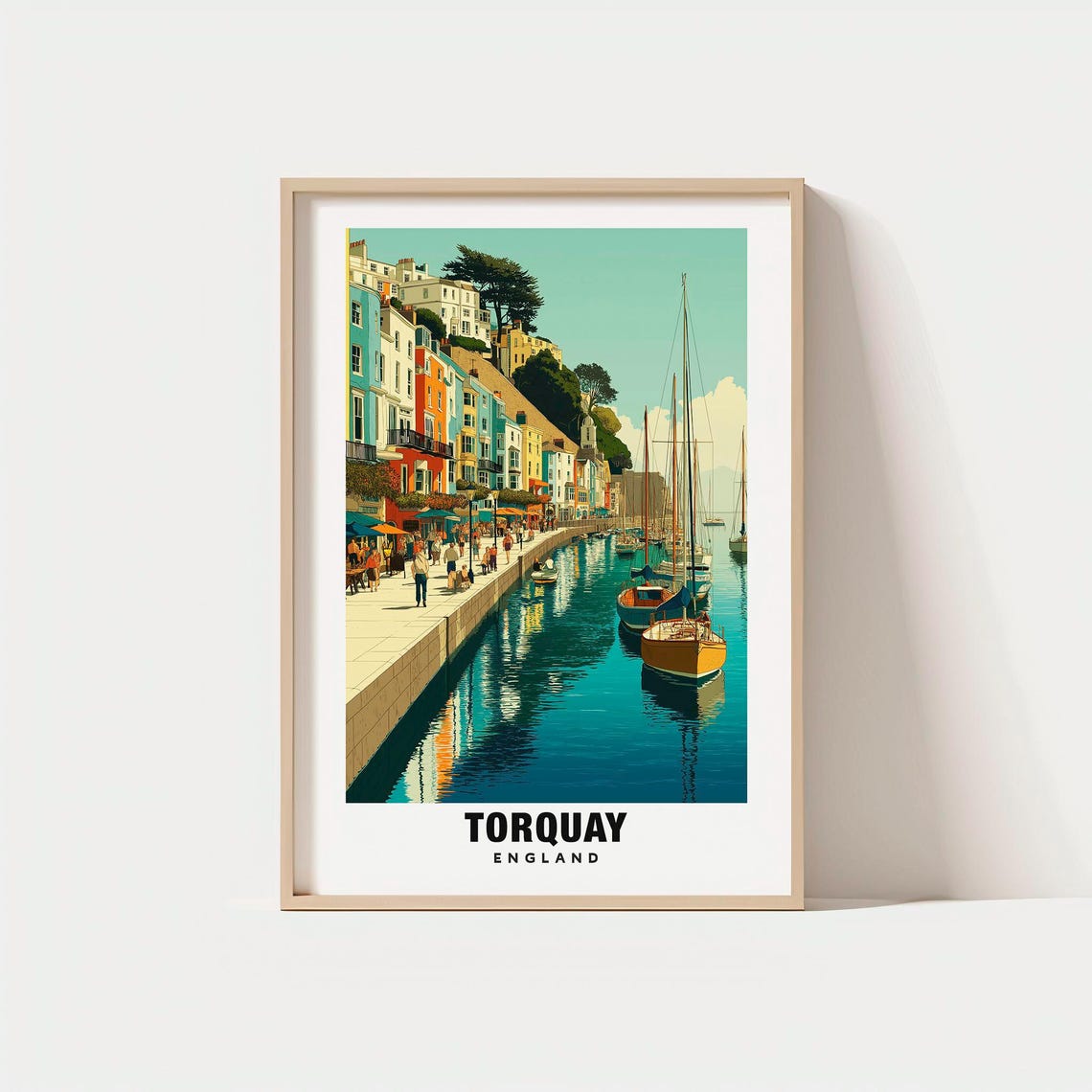 Torquay Harbor Sailboats Colorful Seafront England Travel Poster