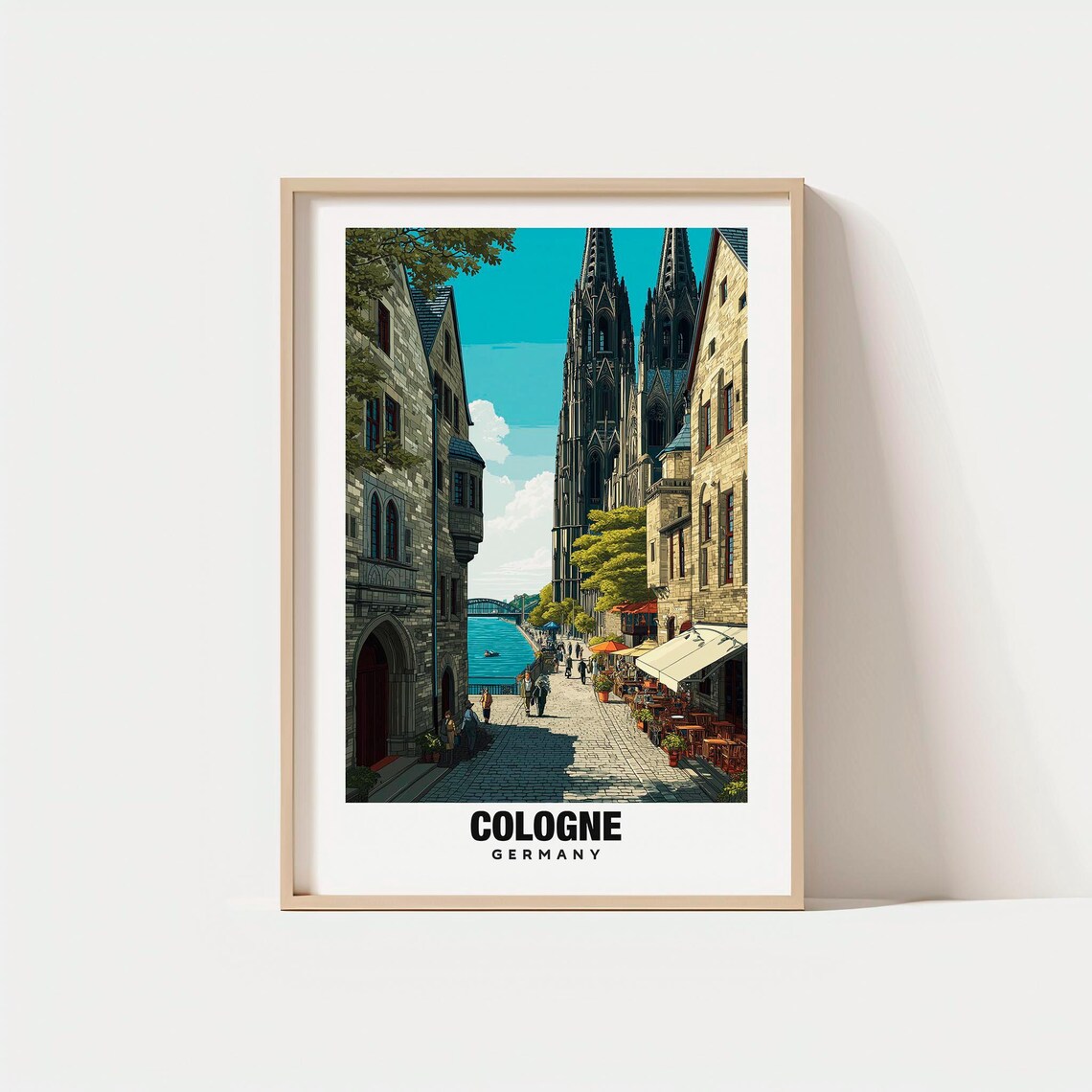 Cologne Germany Poster Cathedral Twin Spires Rhine Riverside Cafes Travel Art