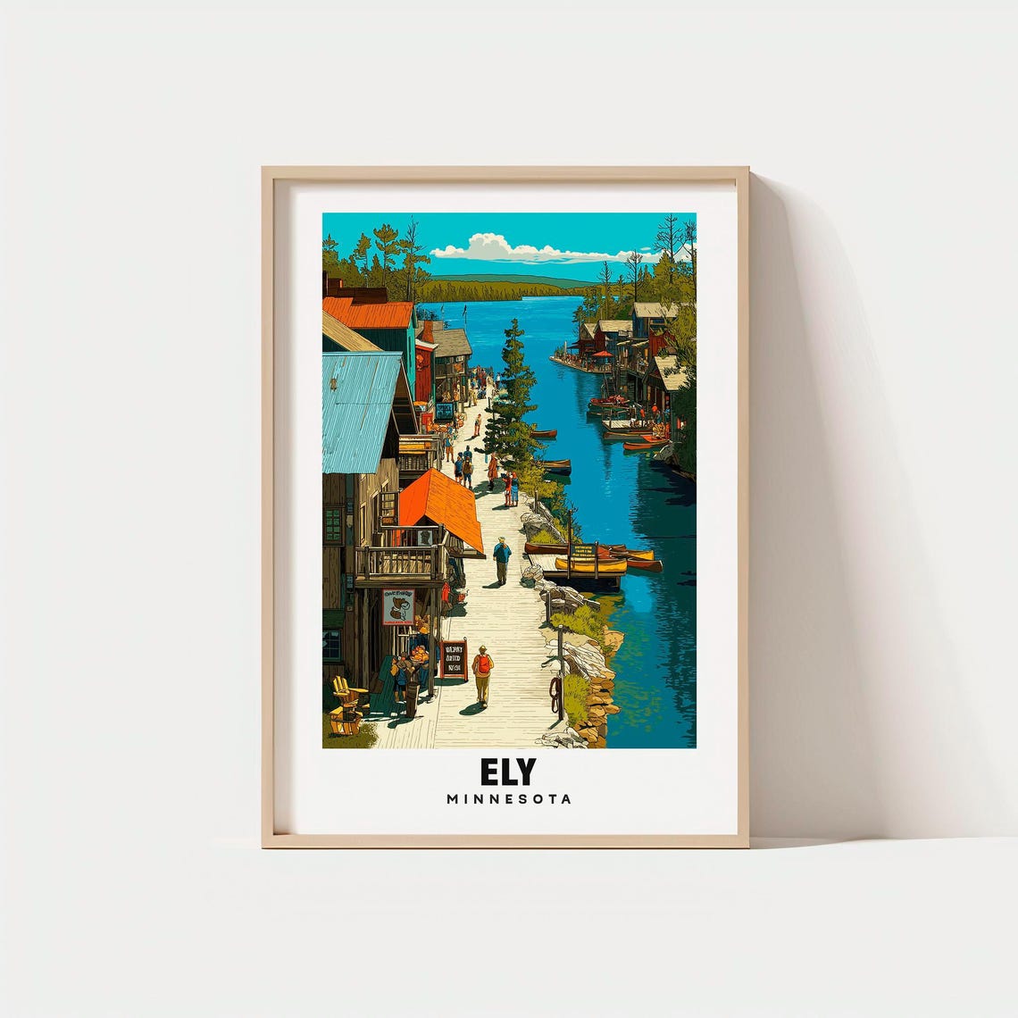 Ely Minnesota Lakeside Boardwalk Summer Lake Vacation Travel Poster