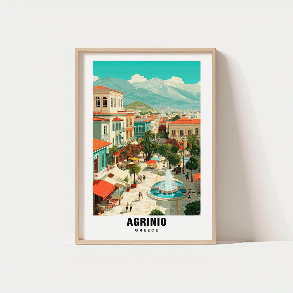 Agrinio Greece City Square Travel Poster with Fountain and Mountains