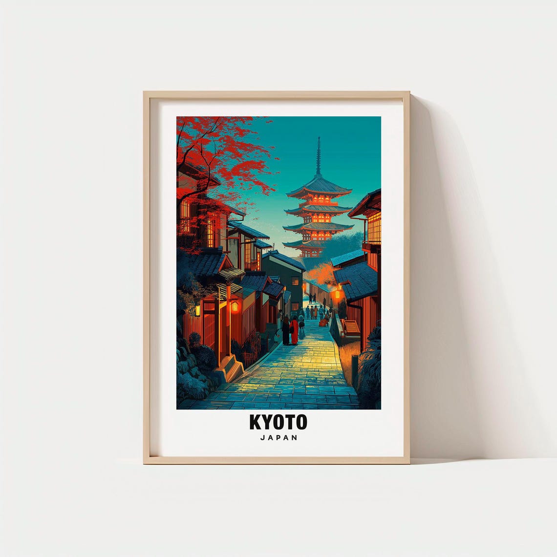 Kyoto Japan Pagoda Evening Street Lanterns Maple Night Poster