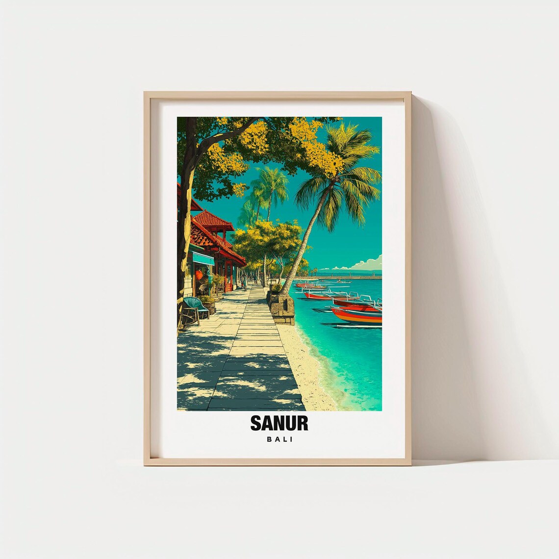 Sanur Bali Beach Promenade Colorful Outrigger Boats Travel Poster