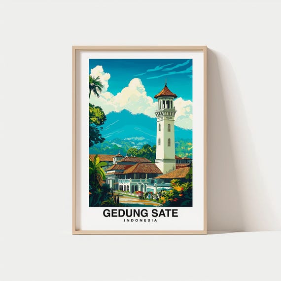 Gedung Sate Print Travel Poster Indonesian Art Historic Architecture Bandung Landmark Scenic Views Cultural Heritage Java Charm