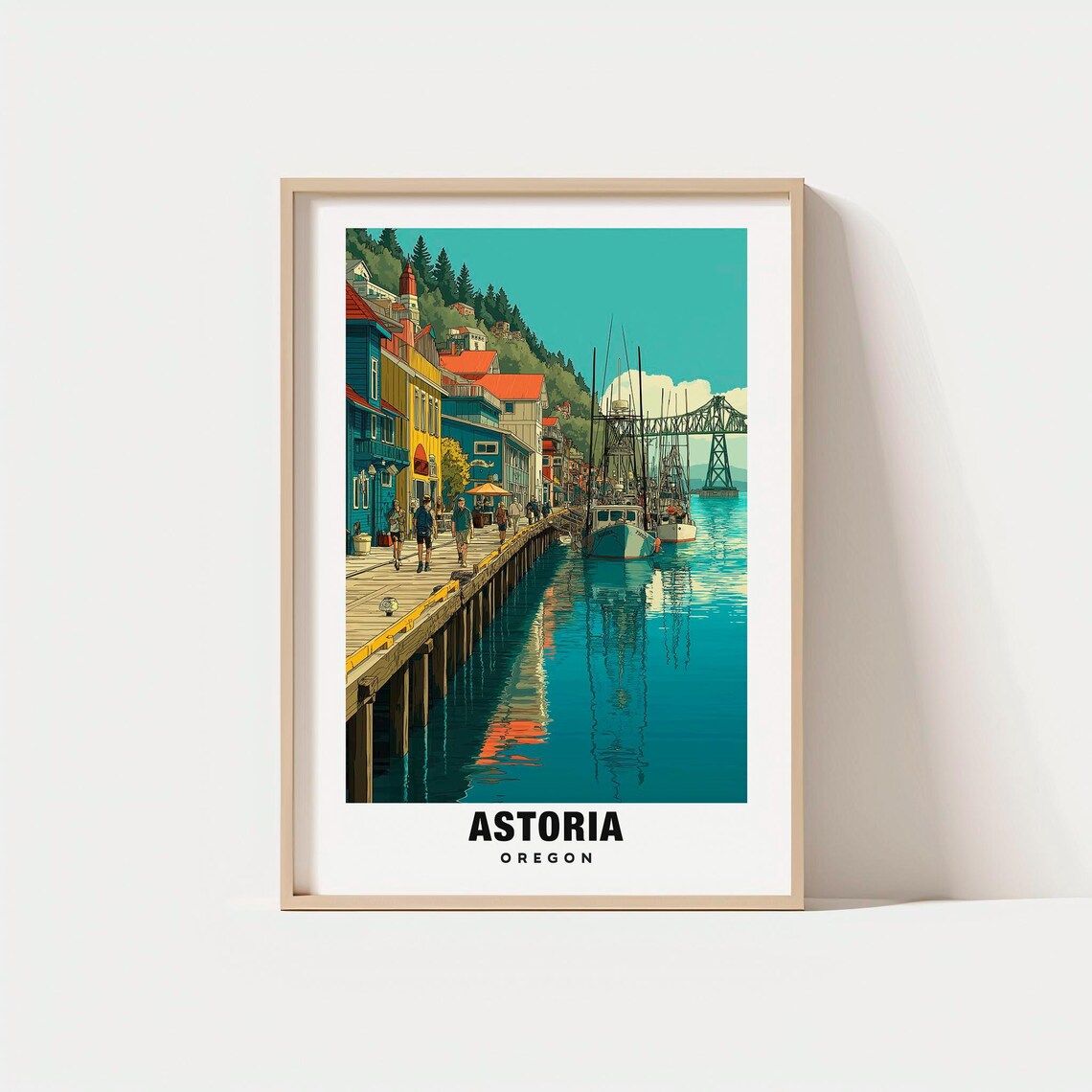 Astoria Oregon Waterfront Pier Fishing Boats Colorful Town Poster