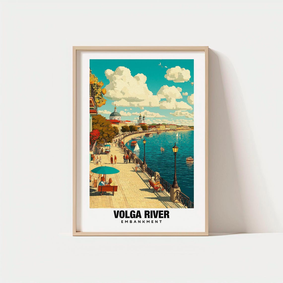 Volga River Embankment Cathedral Promenade Boats Vintage Travel Poster