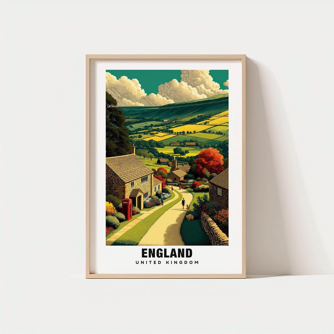 England Countryside Stone Village Red Phone Box Hills Poster Art