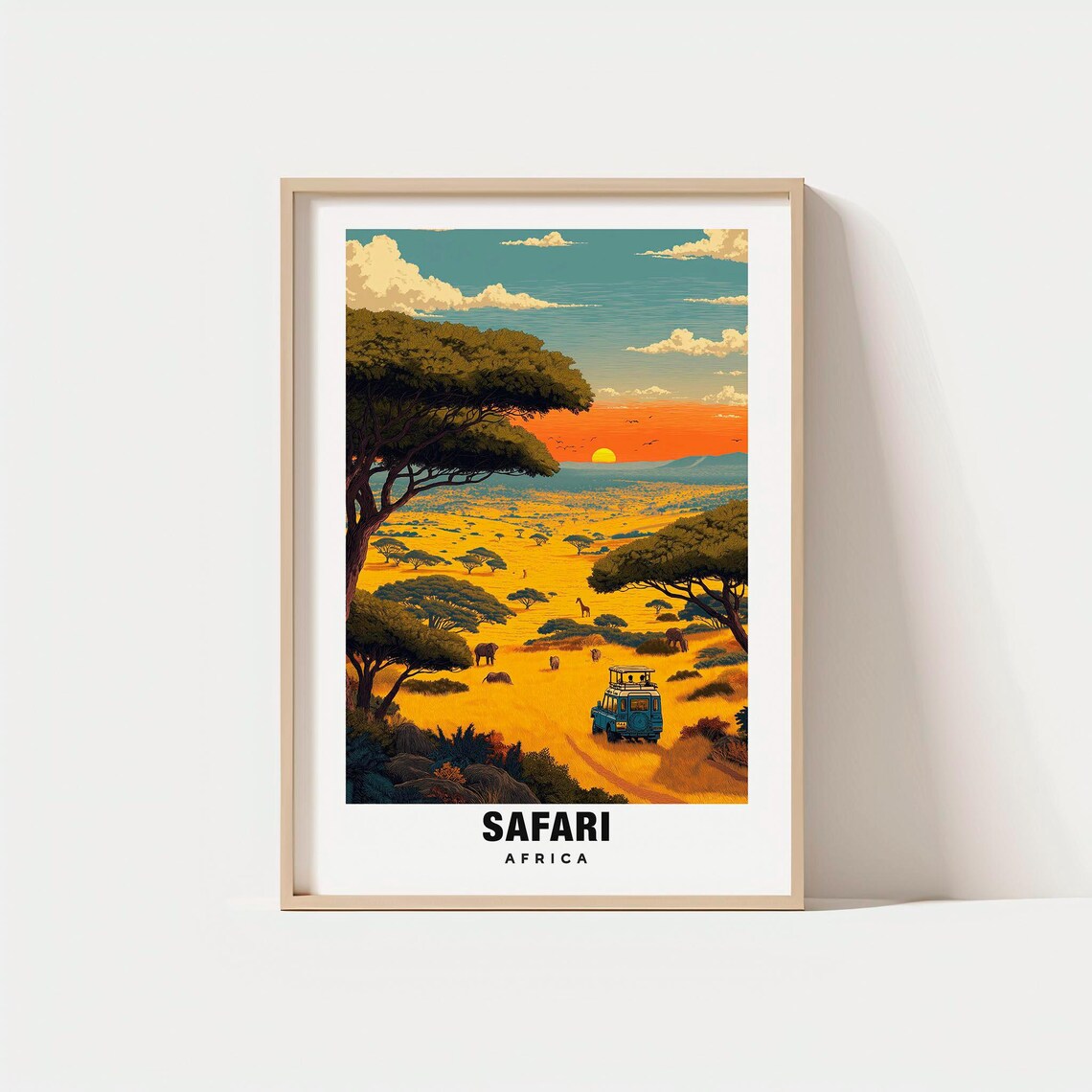 Africa Safari Vintage Golden Savanna Sunset Wildlife Travel Poster