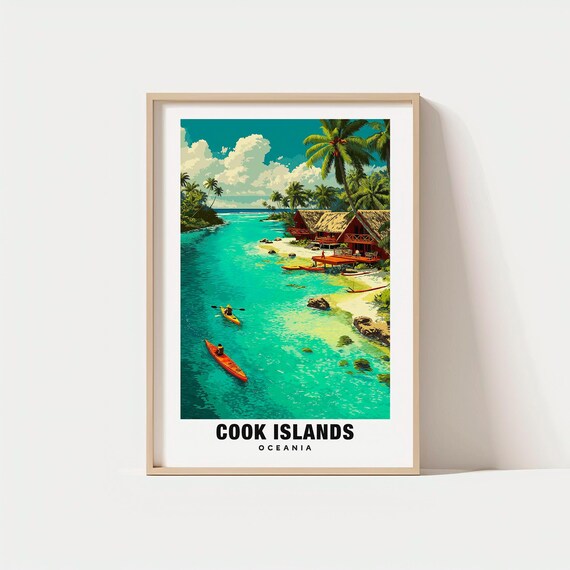 Cook Islands Tropical Lagoon Kayaks Overwater Bungalows Travel Poster