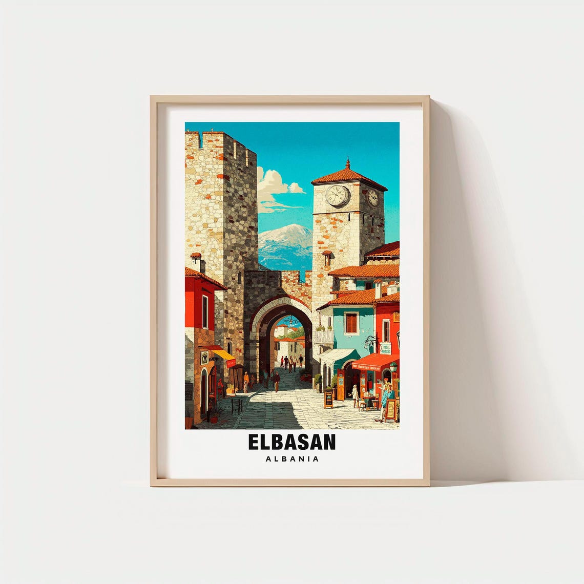 Elbasan Albania Ottoman Castle Gate Clock Tower Travel Poster