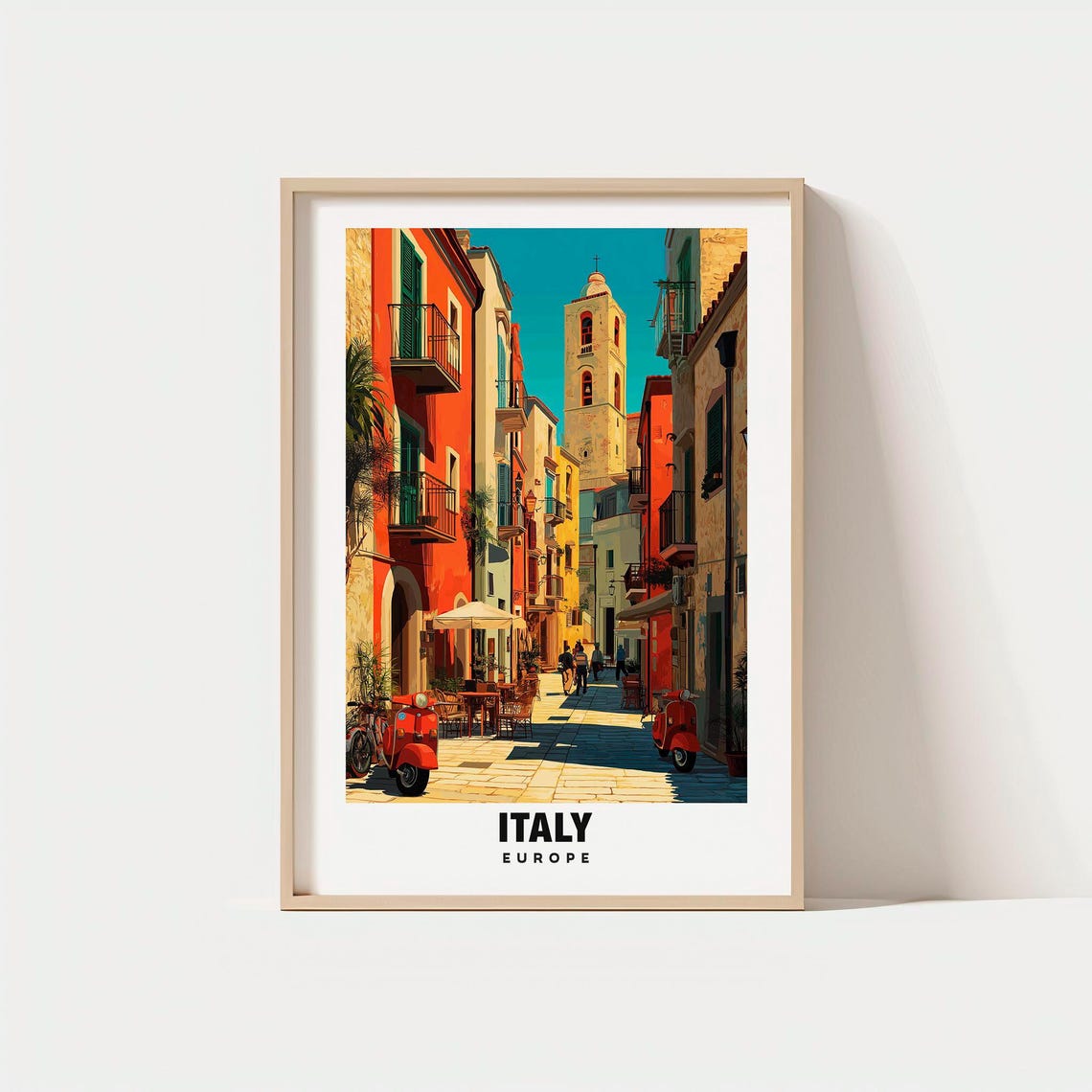 Italy Old Town Street Bell Tower Red Scooters Cafe Vintage Poster