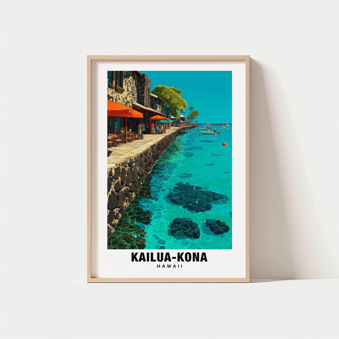 Kailua-Kona Hawaii Vintage Waterfront Cafe Turquoise Bay Travel Poster