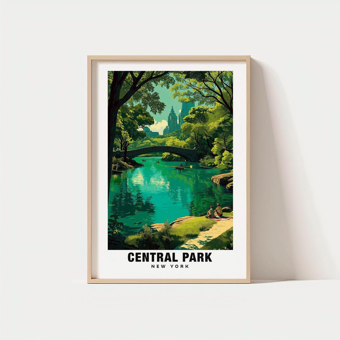 Central Park New York Bow Bridge Lake Boats Summer Scene Travel Poster