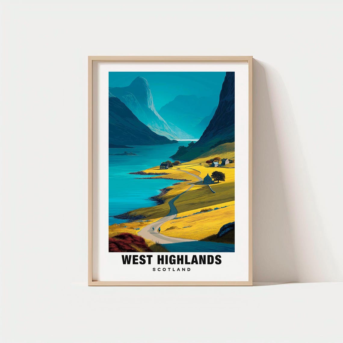 West Highlands Scotland Loch Mountain Pass Road Cottages Travel Poster