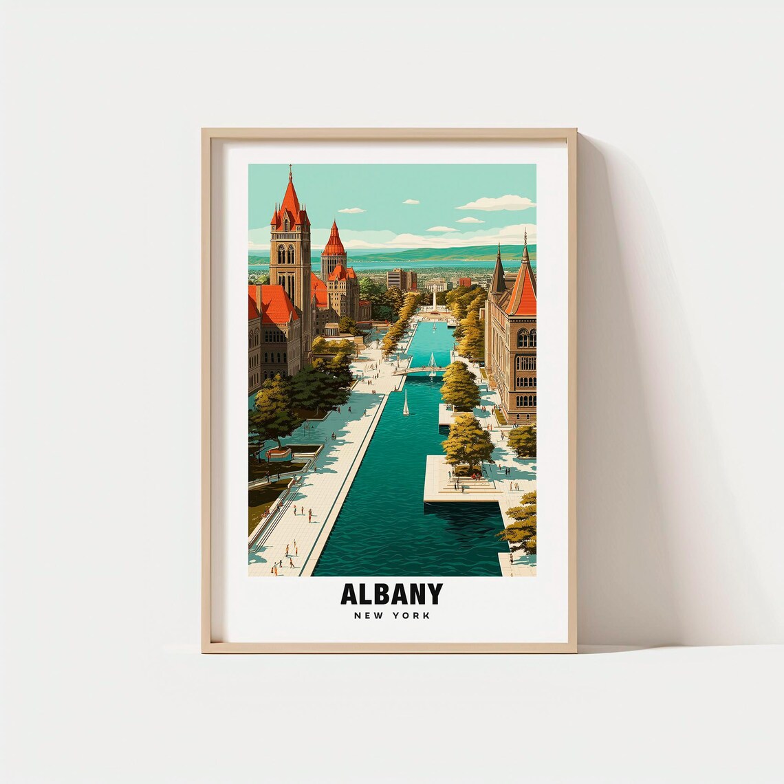 Albany New York Grand Canal City Skyline Vintage Travel Poster