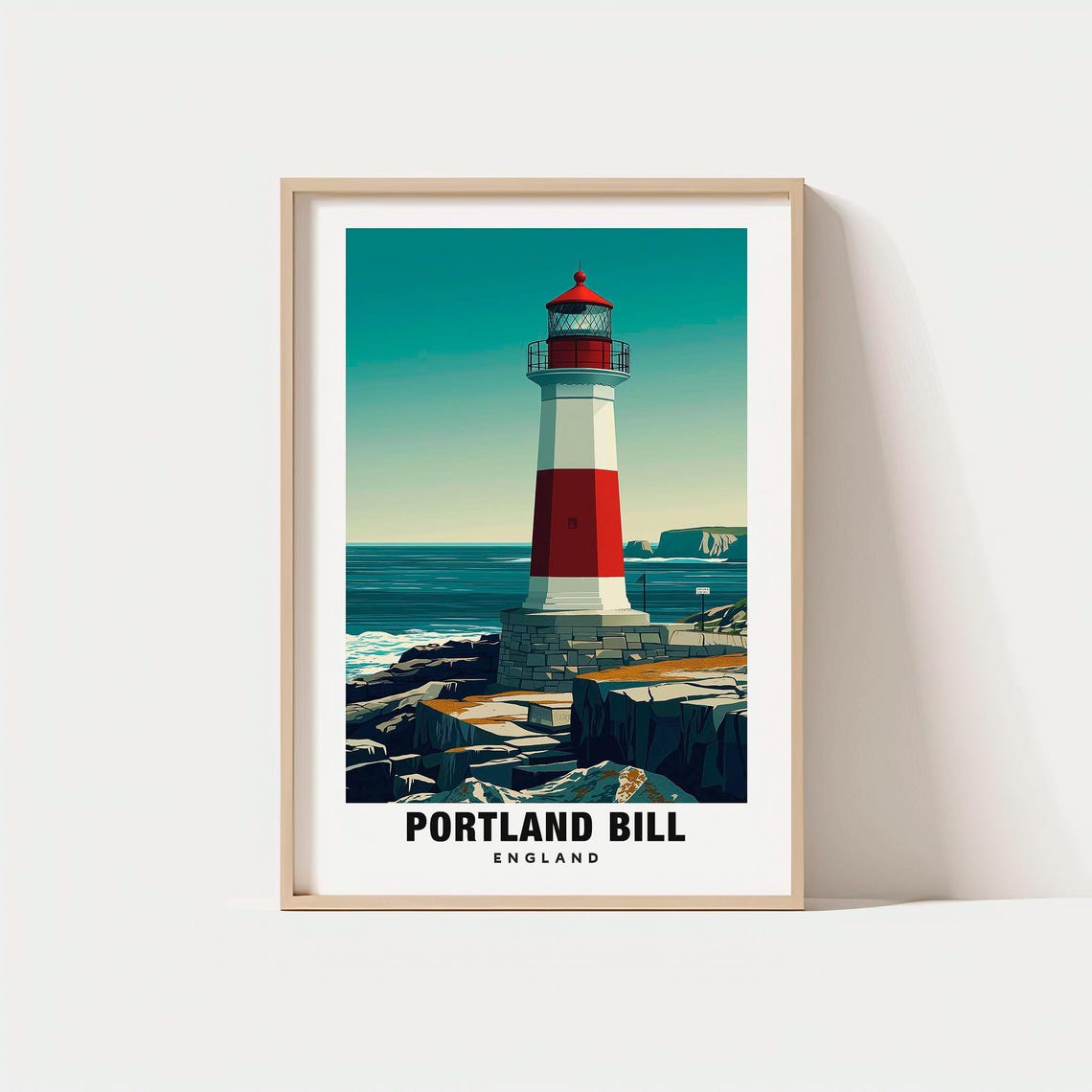 Portland Bill England Lighthouse Travel Poster with Rocky Coast Views
