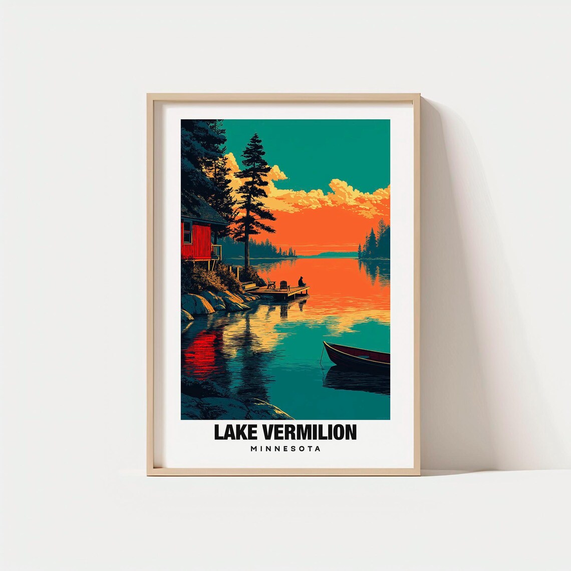 Lake Vermilion Minnesota Sunset Dock Canoe Cabin Travel Poster