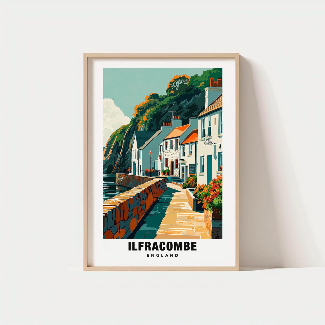 Ilfracombe England Quaint Harbor Cottages Coastal Seaside Poster